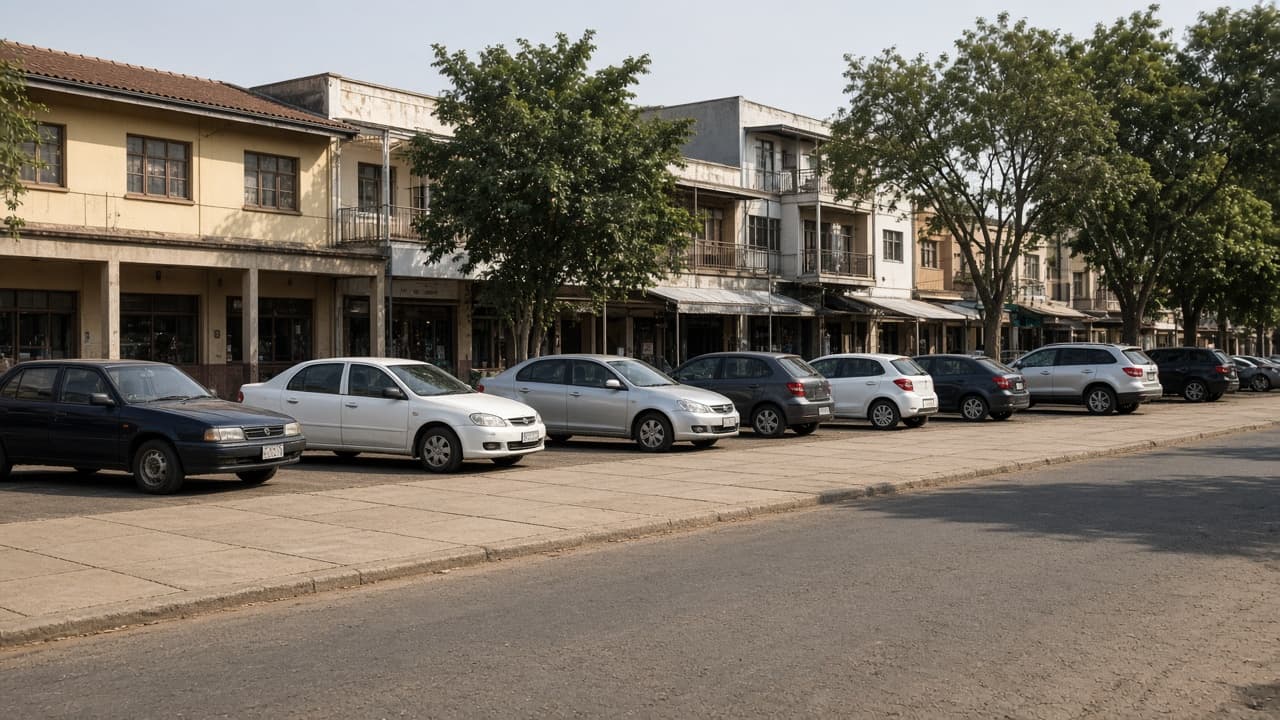 Cars parked along a commercial street